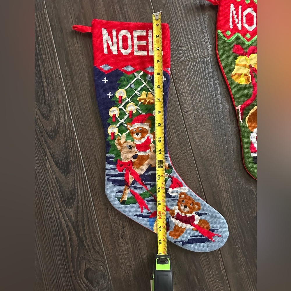 lot of 2 Needlepoint wool Christmas stocking Santa with toys fireplace chimney - Picture 3 of 3